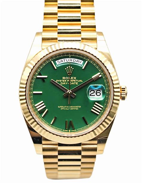 rolex day date gold green face|rolex pre owned date.